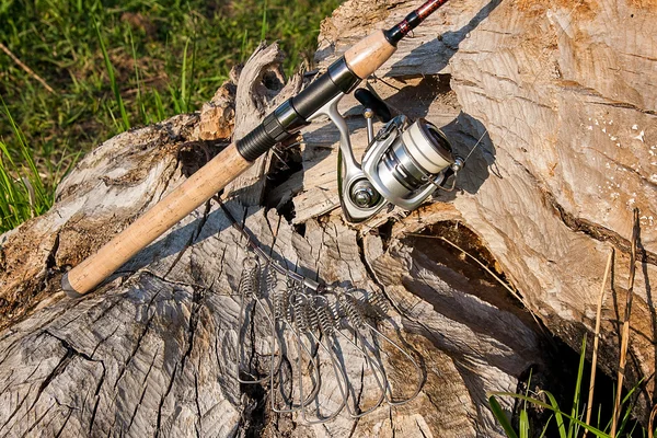 Fishing rod and reel on the natural background. Fish stringer. — Stock Photo, Image