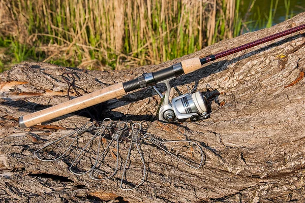 Canna da pesca e mulinello sullo sfondo naturale. Stringer di pesce . — Foto Stock