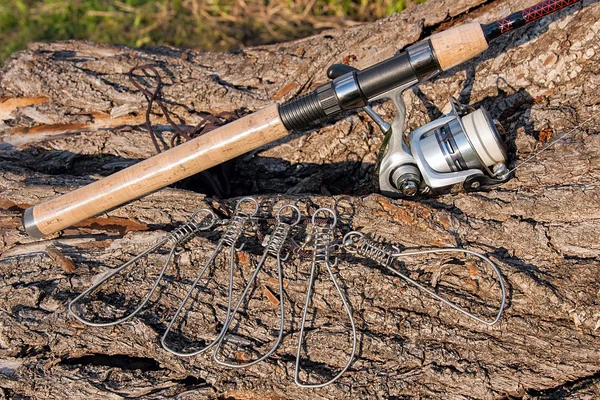 Fiskespö och rulle på naturliga bakgrunden. Fisk stringer. — Stockfoto