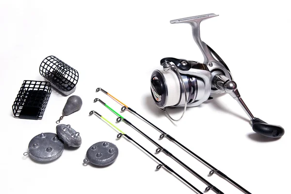 Fishing accessories on white background. — Stock Photo, Image