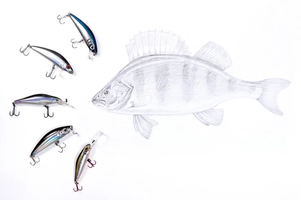 Memancing umpan plastik dengan menggambar ikan di latar belakang putih . — Stok Foto