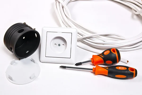 Electrician tools, cable, box for installation of sockets and wa — Stock Photo, Image