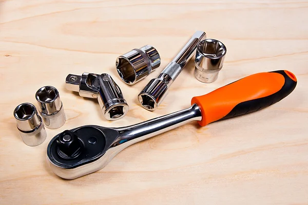 Close up view of the repair tool set on wooden background — Stock Photo, Image