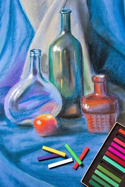 Kunstenaars pastelkleuren en originele pastel tekening van stilleven. — Stockfoto