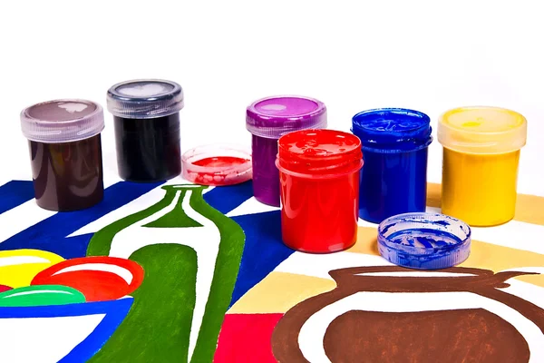 Bottles with gouache paints and brushes for artistic paintings. — Stock Photo, Image