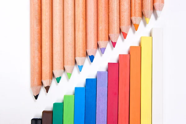 ปิดมุมมองของดินสอสีที่แตกต่างกันและไอโซลาพาสเทลชอล์ก — ภาพถ่ายสต็อก