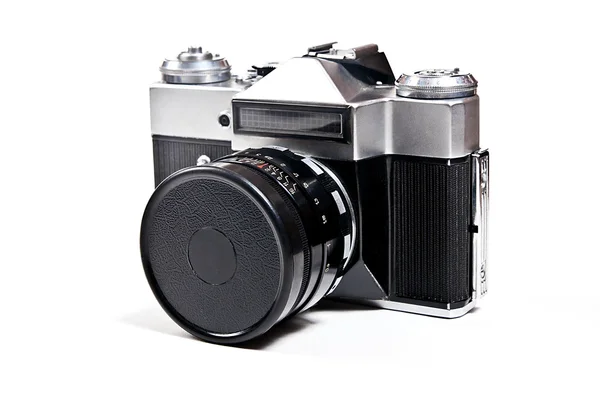 Vieil appareil photo vintage de recherche de gamme sur fond blanc . — Photo