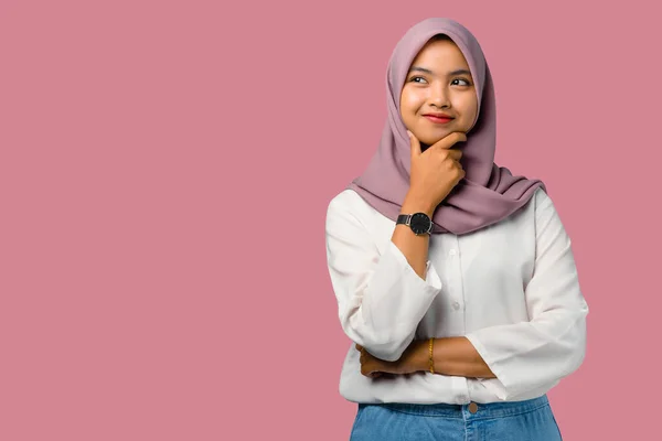 Pretty Young Asian Woman Thinking Smiling Face Pink Background — Stock Photo, Image