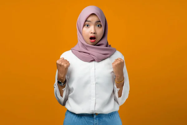 Young Asian Woman Feeling Excited Shocked Yellow Background — Stock Photo, Image