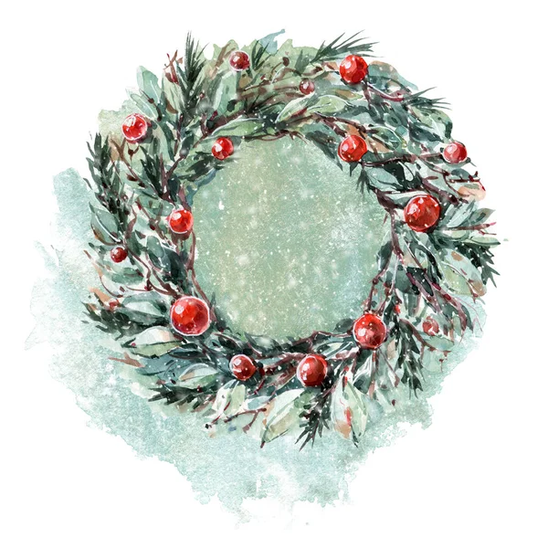Akvarel Ilustrace Vánočním Věncem Vánoční Pohlednice Plakáty Samolepky — Stock fotografie