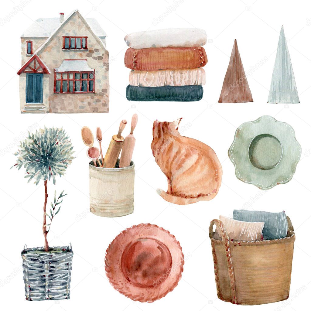 watercolor set with cozy home items. posters, cards, invitations.