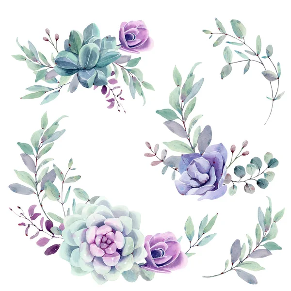 Akvarell Évjáratú Zamatos Készlet Tavaszi Vagy Nyári Dekoráció Virágos Bohém — Stock Fotó
