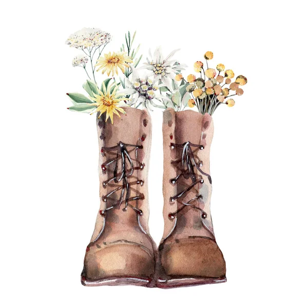 Botas Acuarela Con Ilustraciones Flores Perfecto Para Tarjetas Carteles Logotipo —  Fotos de Stock