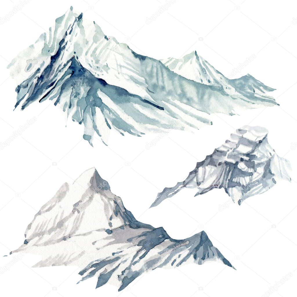 Watercolor mountains illustrations. Peak, snow, freedom, winner.