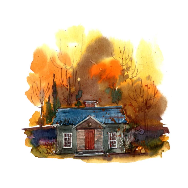 Aquarell Herbst Illustration Mit Landhaus Perfekt Für Karten Einladungen Poster — Stockfoto