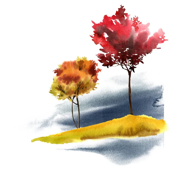 Jesienny Krajobraz Akwareli Jesienny Nastrój Jesienne Drzewa Idealny Plakaty Zaproszenia — Zdjęcie stockowe
