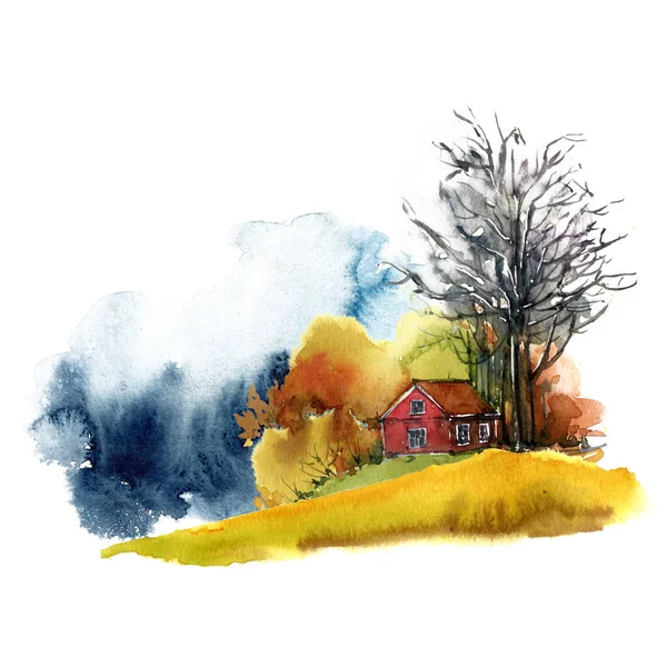 Aquarell Herbst Illustration Mit Landhaus Perfekt Für Karten Einladungen Poster — Stockfoto