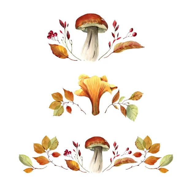 Aquarel Bloemen Set Herfst Bladeren Paddestoelen Aquarel Set Perfect Voor — Stockfoto