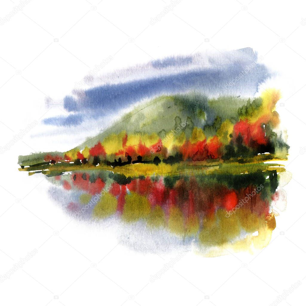Autumn watercolor landscape. Fall mood, autumn trees. Perfect for posters, invitations
