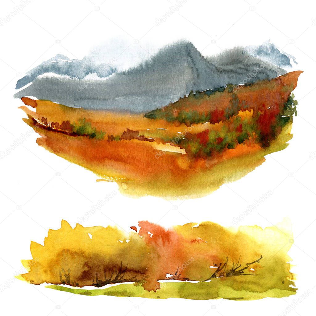 Autumn watercolor landscape. Fall mood, autumn trees. Perfect for posters, invitations