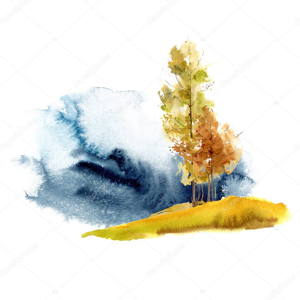 Autumn watercolor landscape. Fall mood, autumn trees. Perfect for posters, invitations