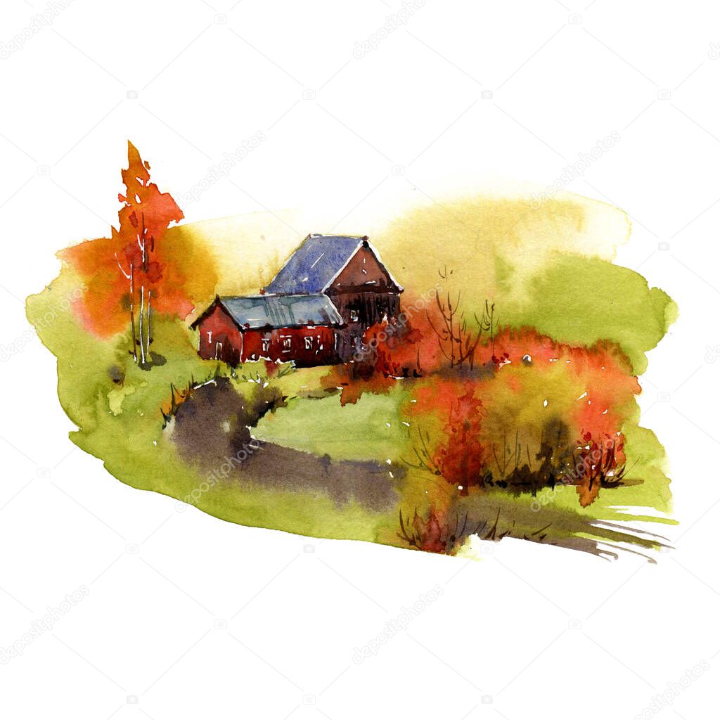 Watercolor autumn illustration with country house. Perfect for cards, invitations, posters
