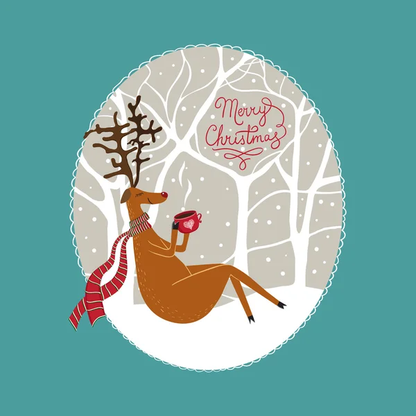 Cartão de Natal com veados sentados —  Vetores de Stock