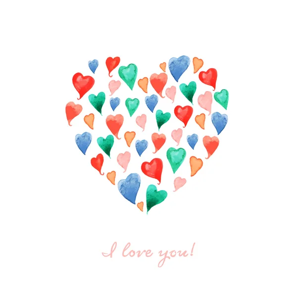 Cartão com aquarela corações coloridos — Vetor de Stock