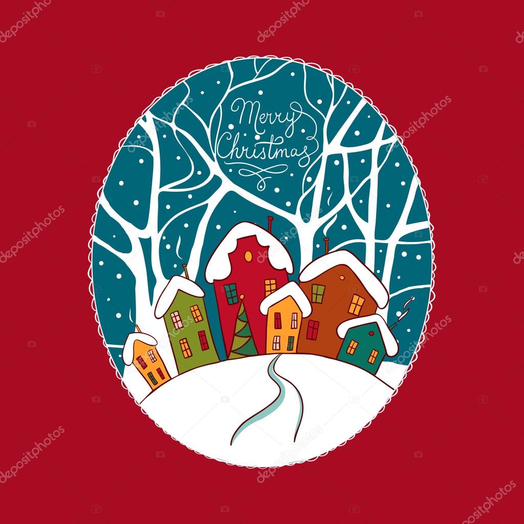 Christmas card with colorful houses.