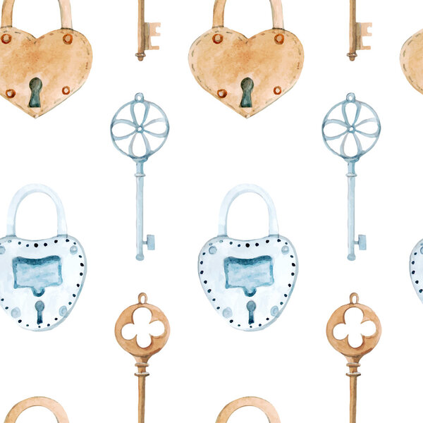 vector watercolor seamless pattern with keys and locks. 