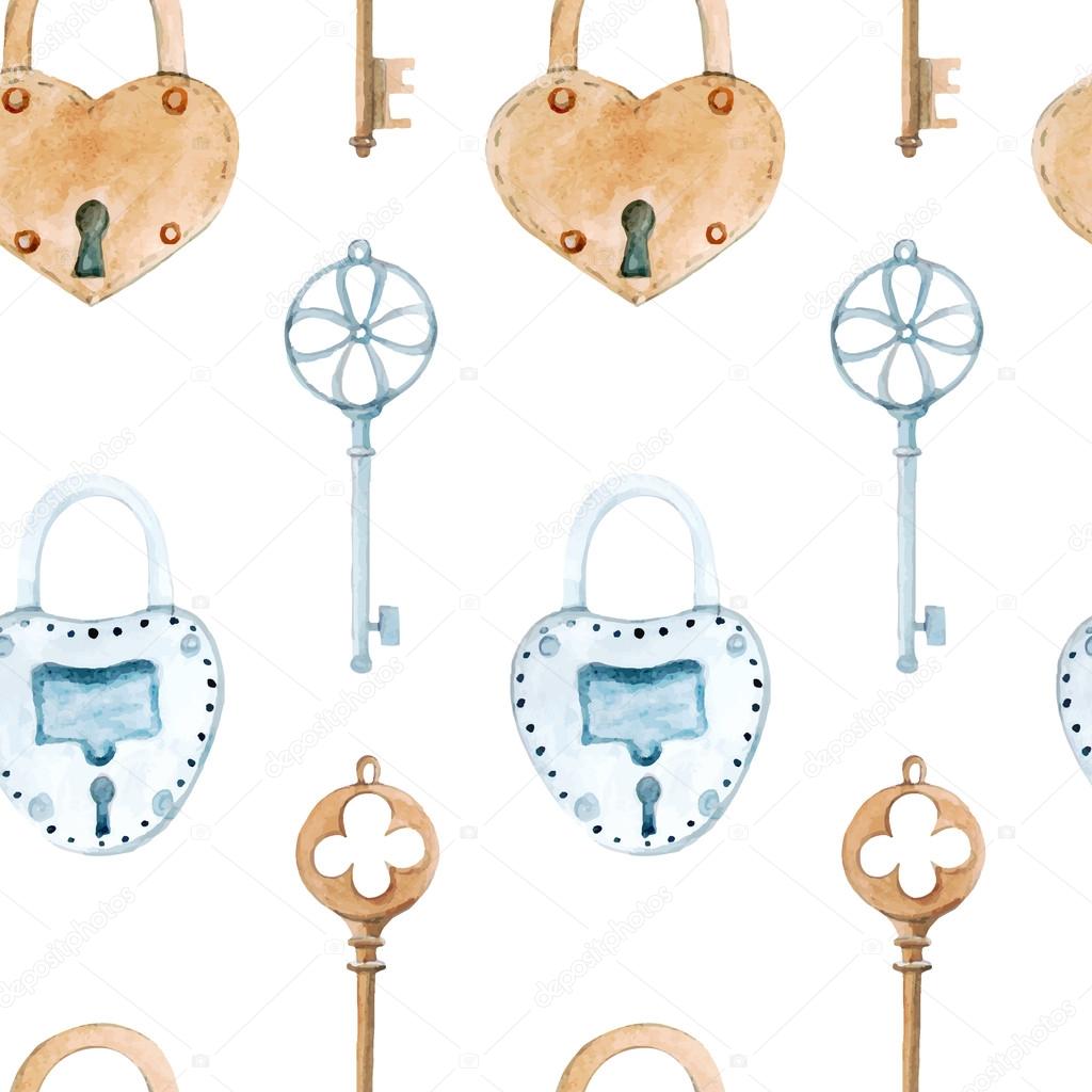 vector watercolor seamless pattern with keys and locks. 