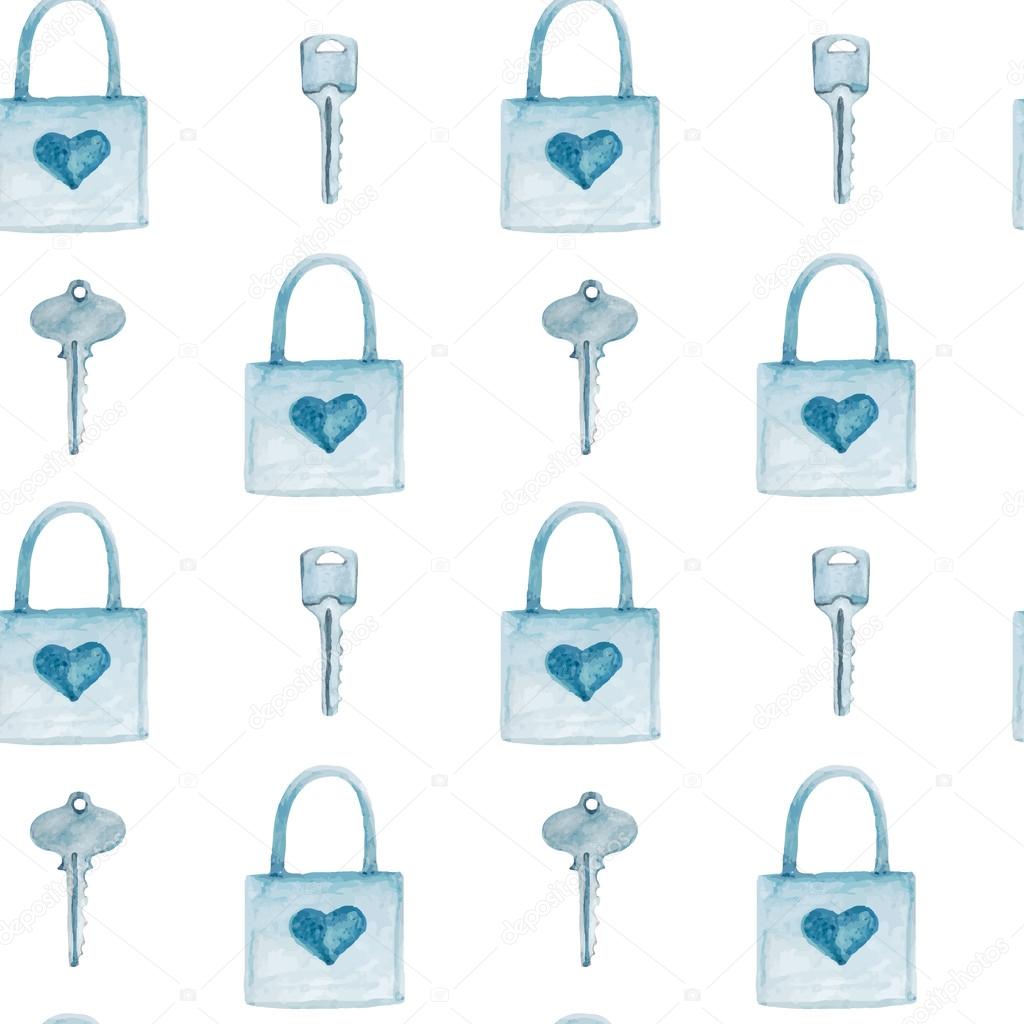 vector watercolor seamless pattern with keys and locks. 
