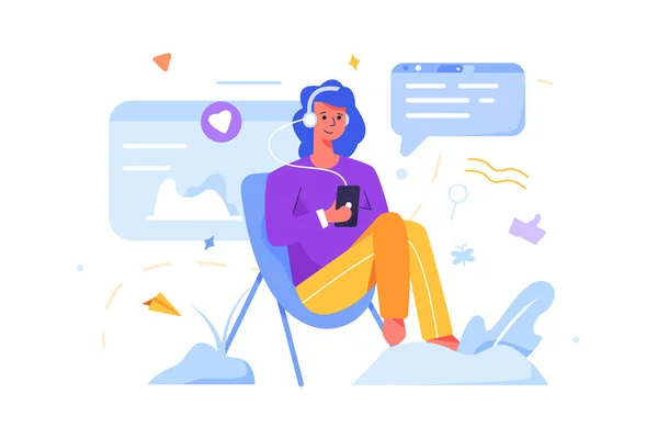 Genç kız bir koltuğa oturur ve beyaz arka planda izole edilmiş kulaklıklarla en sevdiği müziği sever, düz vektör çizimi..