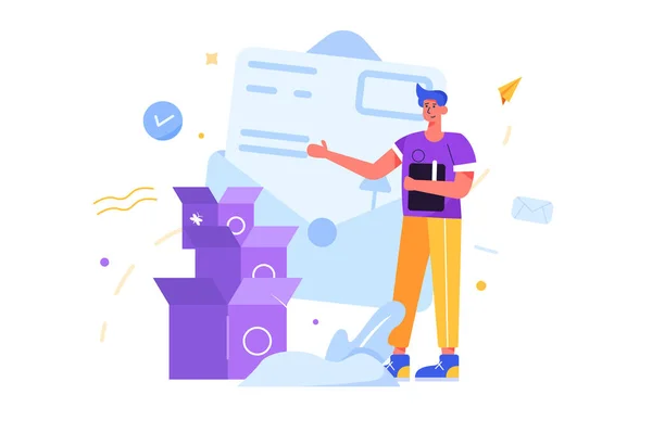 Adam beyaz arkaplan, düz vektör illüstrasyonunda izole edilmiş posta kutuları içinde paketler hazırlar