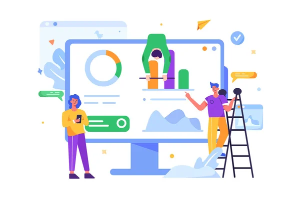 İnsanlar büyük ekranda çizelgeler ve görevler üzerinde çalışıyor, merdivenlerde duran adam beyaz arka planda izole edilmiş çizelgelere yardım ediyor, düz vektör çizimlerine.