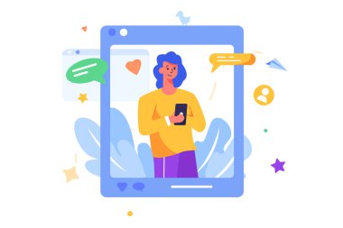 Kız, internet üzerinden pazarlama ve beyaz arka planda izole edilmiş sosyal ağlarda, düz vektör illüstrasyonunda yer alıyor.