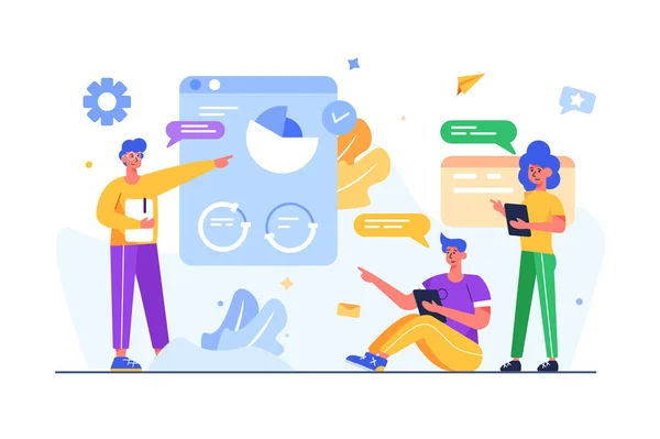 Patron, meslektaşlarıyla bir projeyi düz bir şekilde tartışıyor.