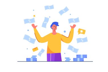 Para banknotları bir işadamının üzerine düşüyor ve o mutlulukla, parayla, başarıyla, beyaz arka planda izole edilmiş, düz vektör çizimleriyle seviniyor..