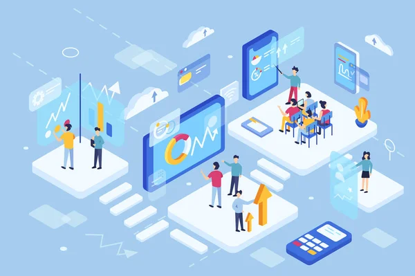 Mobil ekran ve grafiklerle, uçan platformlarla ve beyaz arka planda izole edilmiş, düz vektör illüstrasyonuyla çalışan insanlarla sanal öğrenimin 3 boyutlu izmometrisi.