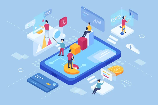 Grafikleri ve verileri olan bir sanal tabletin 3 boyutlu izometrisi.