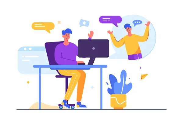 İki adam bilgisayar aracılığıyla kablosuz iletişim kuruyor.