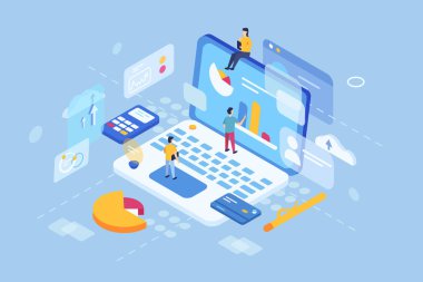 İşçilerle birlikte sanal dizüstü bilgisayarın 3 boyutlu izometrisi