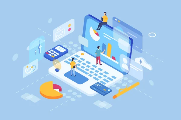 İşçilerle birlikte sanal dizüstü bilgisayarın 3 boyutlu izometrisi