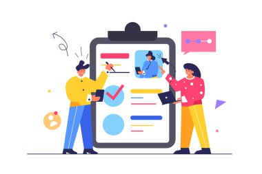 Bir erkek ve bir kız büyük bir tablet klasörüne belge dolduruyorlar.