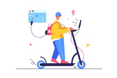 Adam elektrikli scooterla caddeden aşağı doğru gidiyor.