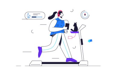 Kız kulaklıkla koşu bandında koşuyor.