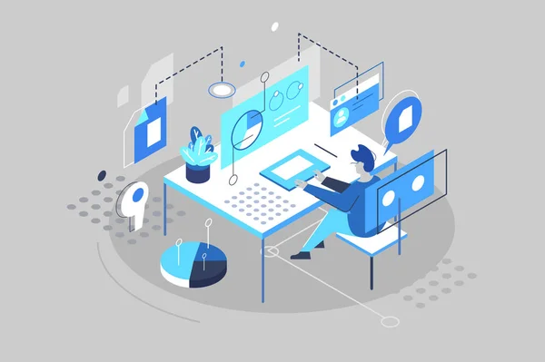 3D izometrik, adam bilgisayarda çalışıyor.