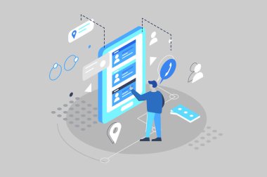 3D izometrik, adam telefondaki kişileri seçer