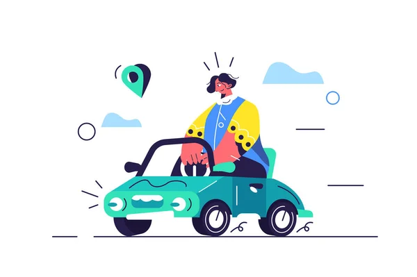 Chica paseos en coche en estilo plano — Vector de stock