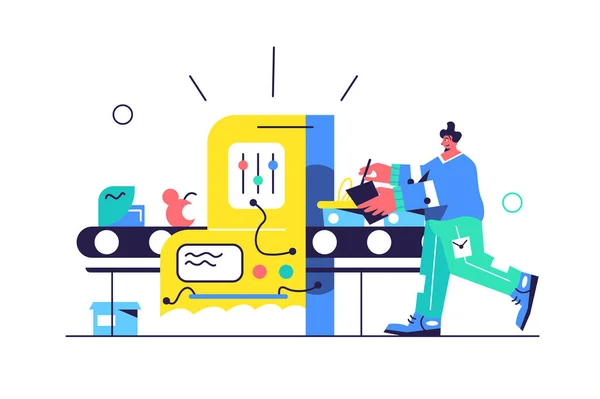 Adam işleme konveyöründe çalışıyor.